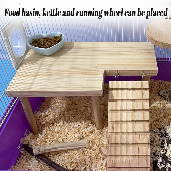 Wooden Hamster Platform with Legs, Small Syrian Hamsters Climbing Platforms with Ramp Kit Wood Ladder Bridge Rat Playing Toy Standing Table Gerbil Cage Accessories