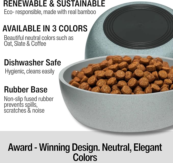 Loving Pets - Dolce Bamboo - Eco-Friendly Pet Bowls & Dishes for Dog, Cats, Puppy Food and Water Bowl -Sustainable and Dishwasher Safe, Made with Real Bamboo (Large, Slate-Grey)