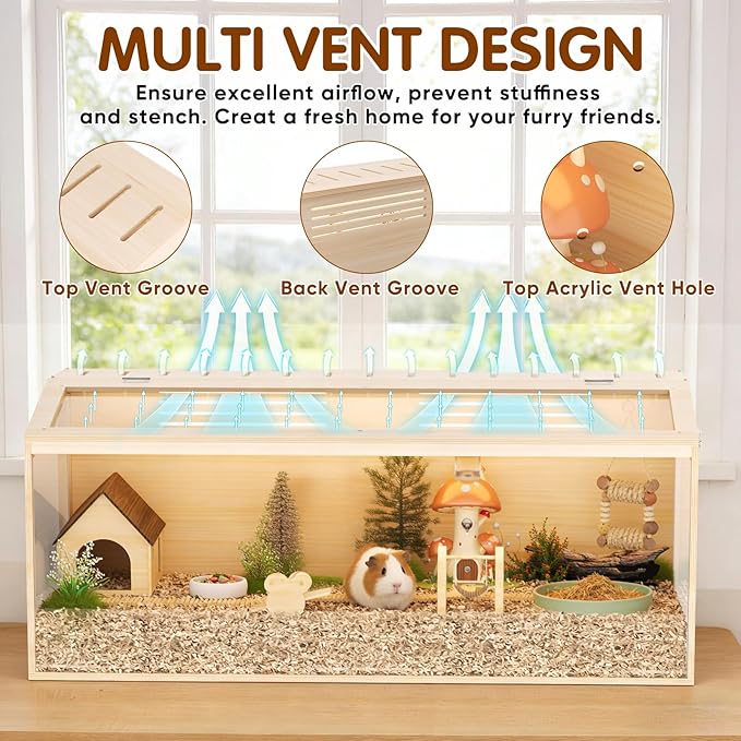 Wooden Hamster Cage, 48inch Large Hamster Cage Enclosure with Openable Top & Thickened Acrylic for Small Animals, Guinea Pig, Rabbit, Rat, 48"L x 20''W x 20''H Hamster Habitat with Multi-vent