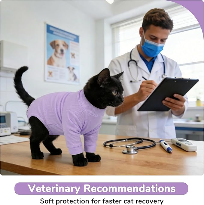 PUMYPOREITY Cat Front Leg Recovery Suit, Surgical Spay Suit with Leg Sleeves to Stop Licking, Machine Washable & Comfort Fit, Long Rear Sleeve Prevents Scratching & Biting, Purple, L