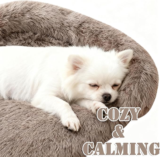 Calming Dog & Cat Beds for Small Medium Dogs Cats, Anti-Anxiety Plush Pets Lounge Couch Sofa Orthopedic Cushion, Soft Fluffy Faux Fur Washable, Fits up to 25 lbs Pets (Oval, Brown 26"x20")