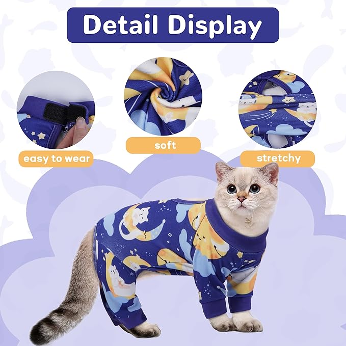 PUMYPOREITY Cat Recovery Suit, Stops Wound Licking After Surgery, Sticky Hair Shirt with Sticky Fabric, Cat Pajamas Prevents Over-Grooming, Kitten Onesie - Soft & Machine Washable, Blue, S