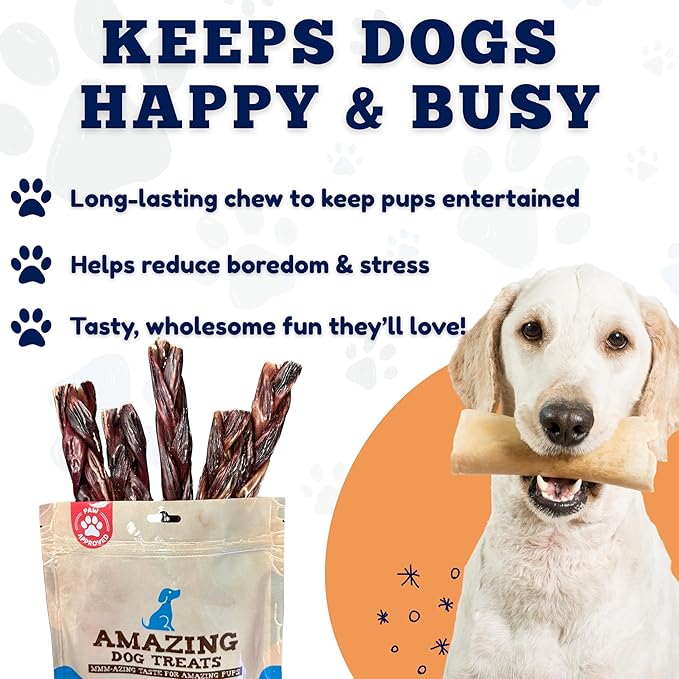 Amazing Dog Treats - 6 Inch Braided Gullet Stick (4 Pc/Pack) - Dog Jerky Treats - Beef Esophagus -Gullet for Dogs - Beef Esophagus Dog Treats