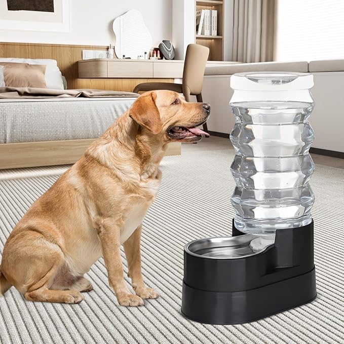 RIZZARI Automatic Dog Water Dispenser: Ion Exchange & Carbon Filtration -Supports Spine Health in Senior Dogs- Spill-Resistant 9L Black Gravity Waterer with 2 Filters&Caps - Ideal for Multi-Dog Homes
