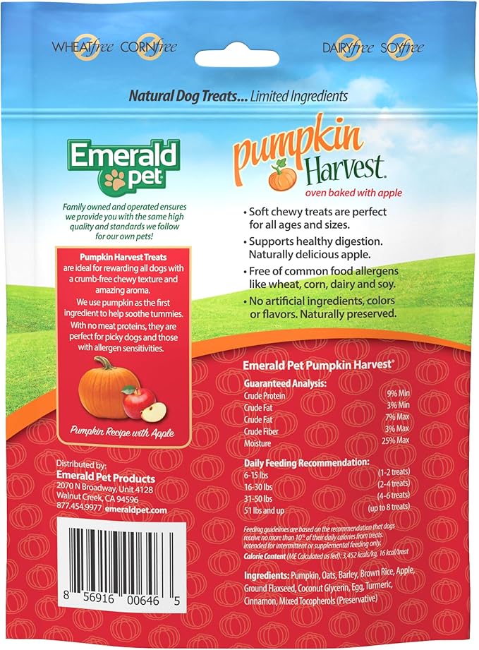 Emerald Pet Pumpkin Harvest Dog Treats — Low-Fat Chewy Natural Treats with Pumpkin for Digestive Health — Meat Free, Poultry Free, Wheat Free — Apple, 6 oz