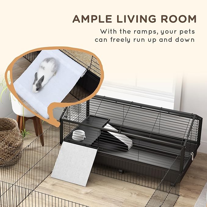 PawHut Small Animal Cage with Foldable Run Area, Rolling Bunny Cage, Guinea Pig Cage with Water Bottle, Water Bowl, and Ramps, 46.5"
