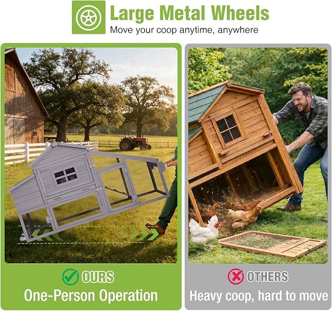 GUTINNEEN Chicken Coop with Wheels, Expandable Hen House Poultry Cage with Run, UV-Protected Roof, Divided Nesting Boxes, Easy One-Person Move, Ideal for 2 Adult Chickens or 4 Bantams, 72.3" L, Grey