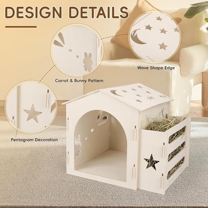 Medium Rabbit Castle, Wooden Bunny House & Hay Feeder, Detachable Rabbit Hideaway, Indoor Hamster Castle, Small Animal Houses & Habitats for Guinea Pig Chinchilla Ferret(1 House with Feeder)