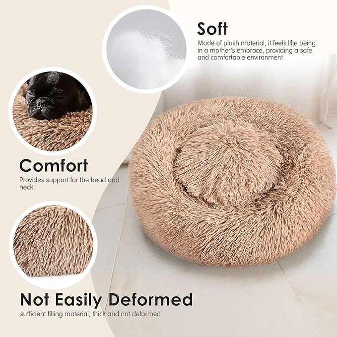 Dogs Bed for Small Dogs, Anti-Anxiety Washable Round Bed (Camel, 24.0" L x 24.0" W x 8.0" Th)