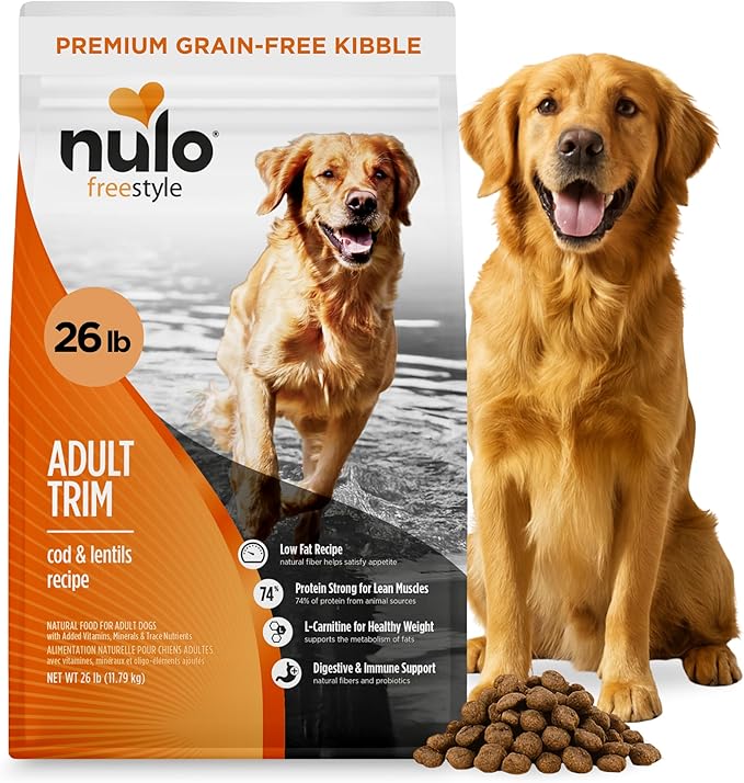 Nulo FreeStyle Adult Trim Dry Dog Food - High Protein Grain Free Dog Food for Healthy Weight Management, Natural Kibble with Probiotics, L-Carnitine and Fiber for Small, Medium, Large Breeds, 26lb