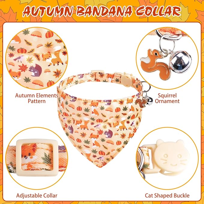 EXPAWLORER Fall Cat Collar Breakaway with Removable Bowtie and Bandana, Adjustable Holiday Cute Kitten Thanksgiving Collar with Bell, Ideal Festival Decoration Gift for Girl Boy Cats Puppies, 2 Pack