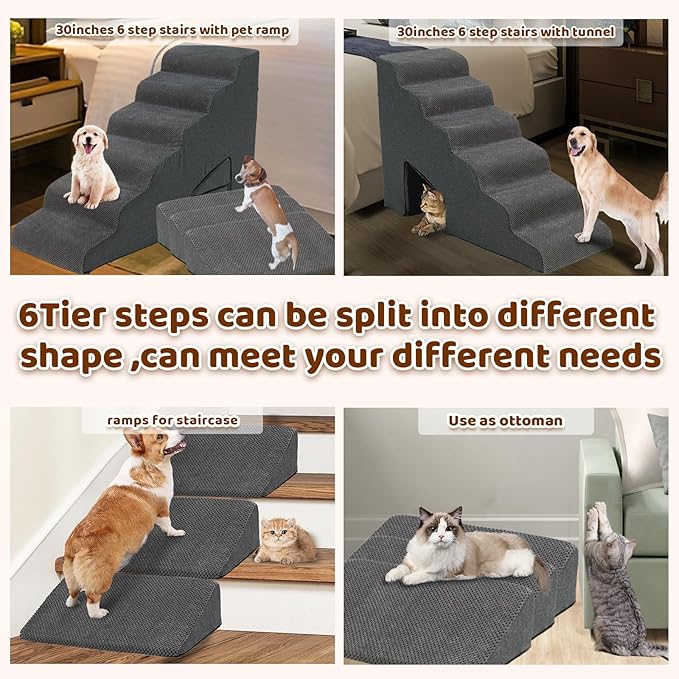 Dog Stairs for High Beds 30-36 inches Tall, 6-Step Dog Steps for Small Dogs Senior Dogs & Cats, 6 Steps Memory Foam Pet Steps with 3 Ramps, Non-Slip Removable Washable Cover, Grey