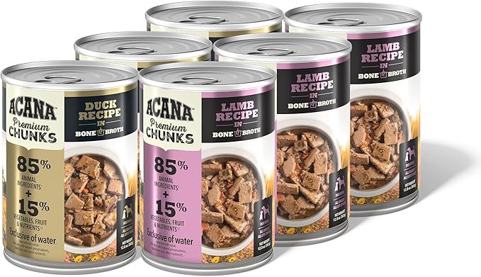 ACANA Premium Chunks in Bone Broth Grain-Free Wet Dog Food Variety Pack: Lamb + Duck Recipes 12.8oz Cans (6 Count, 3 of Each)