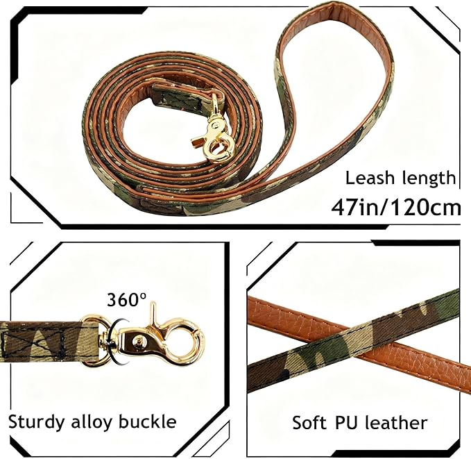 3PCS Bow Tie Dog Collar and Leash Set Plaid/Camo/Dots/Flower Dog Bandanas with Bell 3 Size Adjustable for Small Dogs Puppies and Cats (M, Camo 1)