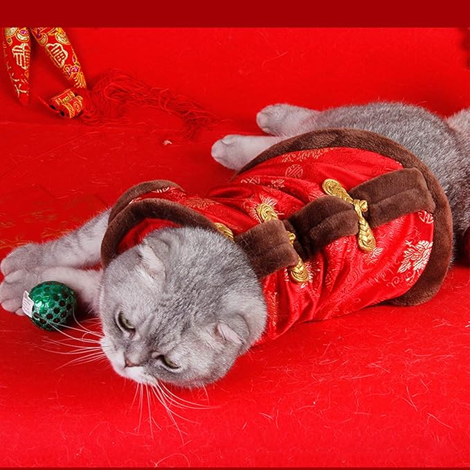 SEIS New Year Cat Knot Buttons Coat Dogs Cheongsam Winter Pet Clothes Vest Christmas Costume for Cats Teddy Bichon Small Medium Dogs (Brown, L (Chest Circumference 63cm/ 24.8"))