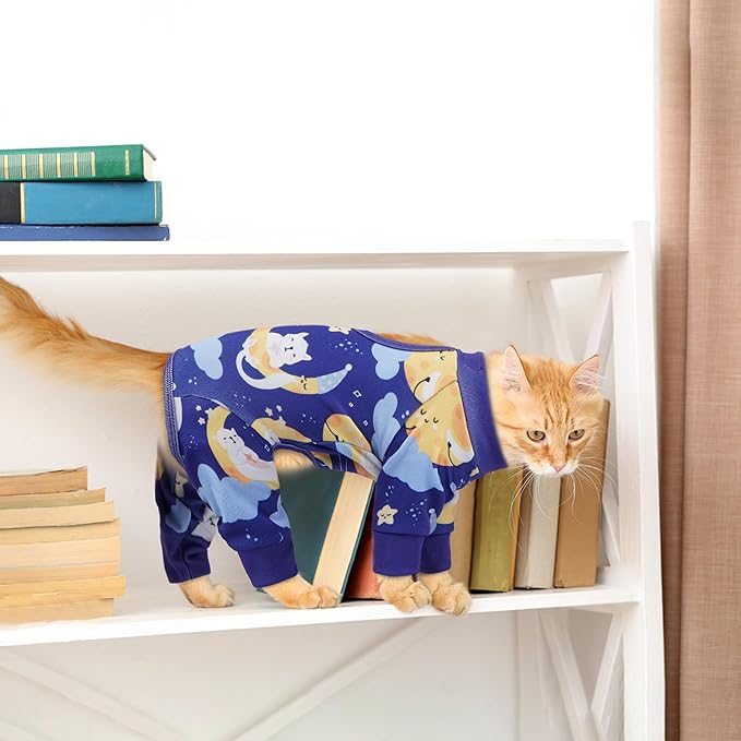 PUMYPOREITY Cat Recovery Suit, Stops Wound Licking After Surgery, Sticky Hair Shirt with Sticky Fabric, Cat Pajamas Prevents Over-Grooming, Kitten Onesie - Soft & Machine Washable, Blue, S