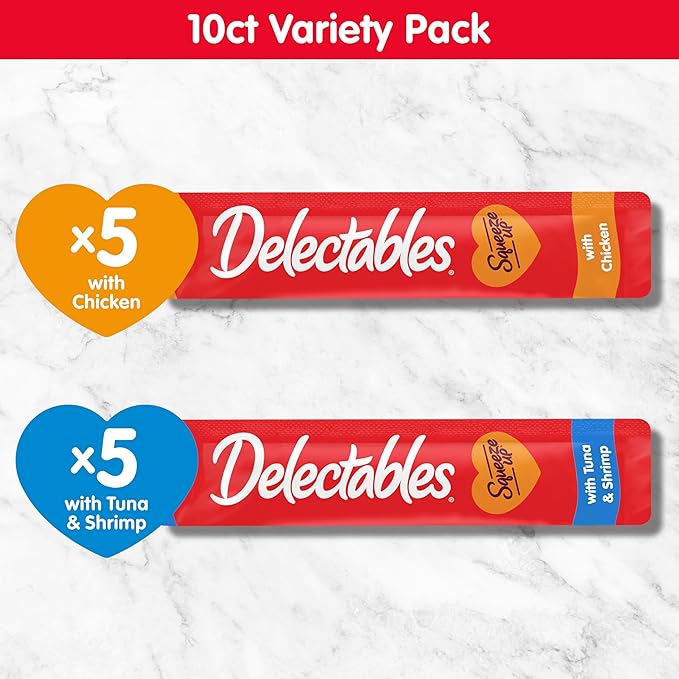 Delectables Squeeze Up Variety Pack, Creamy Squeezable Puree, Lickable Wet Cat Treats, Grain-Free, No Added Fillers, 0.5 Ounces Tube, 120 Tubes Total
