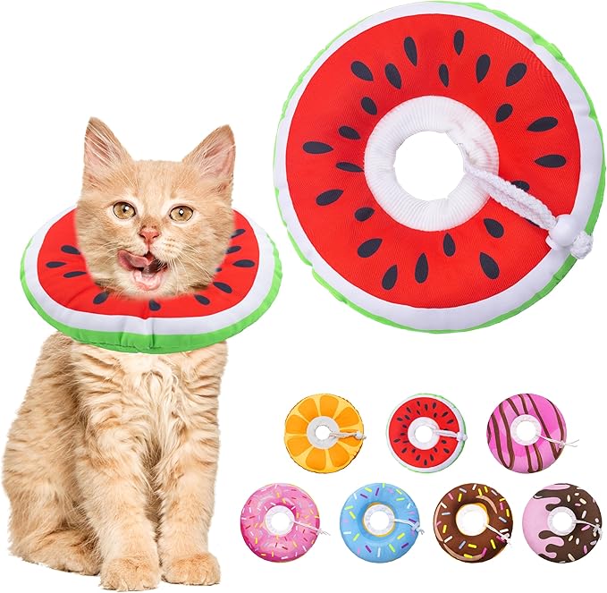 Seyezo Cat Cone Collar Soft, Adjustable Cat Recovery Collars Kitten Cones to Stop Licking, Cute Donut E Collar After Surgery, Anti-Lick Wound Healing Elizabethan Collar for Kittens (Watermelon, Small)