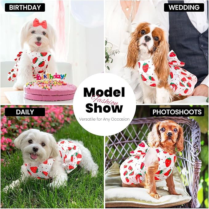 ABRRLO Cute Dog Dress Small Dog Clothes for Girls Female Puppy Outfits Red Strawberry Pet Summer Clothes Bowknot Doggy Cat Princess Dresses Harness for Holiday Birthday Party Costume Clothing (Red,S)