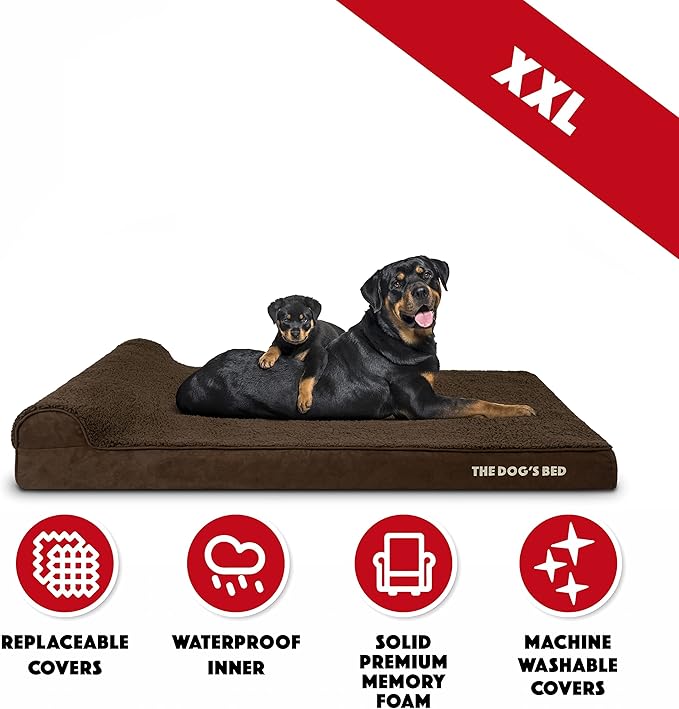The Dog’s Bed Orthopedic Memory Foam Dog Bed with Headrest, Calming Surface – CertiPUR-Certified Foam, Plush Fabric, Brown Plush, XXL, 4-Inch