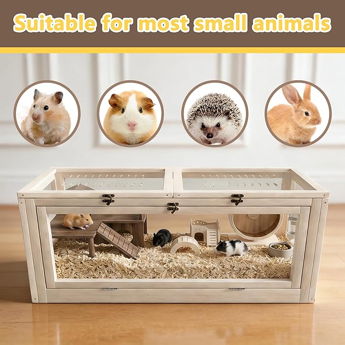 Wooden Hamster Cage with Small House and Bridge, Small Animal Habitat with Lockable Design, Openable Top and Front Doors for Gerbil, Guinea Pig, Rat, 32" L x 16" W x 16" H