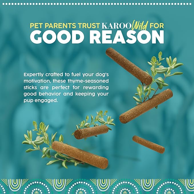 Karoo Wild Sticks Thyme Seasoned Treats for Dogs – 16 oz – Soft & Chewy Protein Sticks Made with African Antelope – Ideal for Training & Rewarding