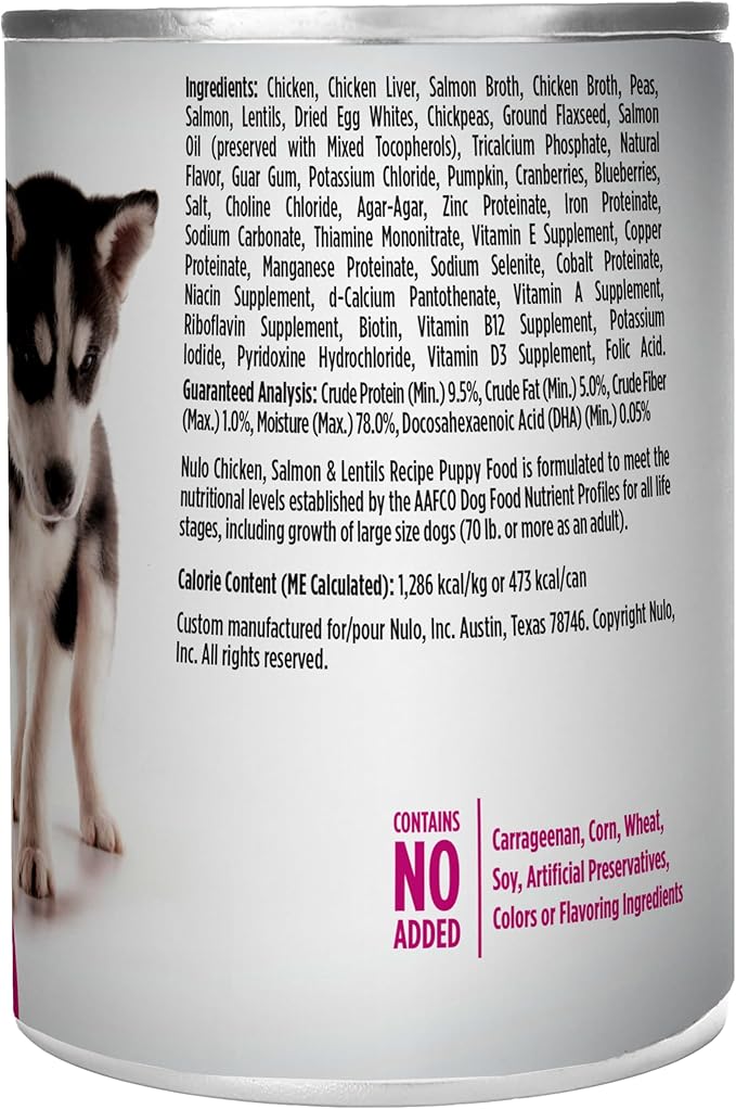 Nulo Grain-Free Chicken, Salmon, & Lentils Recipe Wet Canned Dog Food for Puppies, 13 Ounce, 12 Cans