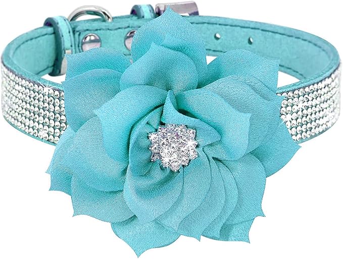 Cute Dazzling Sparkling Elegant Fancy Soft Suede Leather Bling Rhinestone Crystal Jeweled Pet Cat Dog Puppy Collar Dog Leash Combo Set (L(Neck 15-18"), Blue-6)