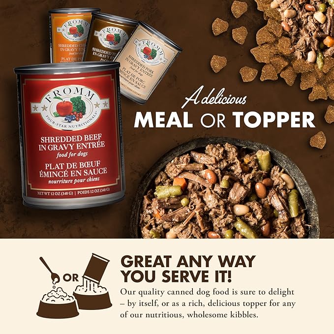 Fromm Four-Star Nutritionals Shredded Beef in Gravy Entrée Dog Food - Premium Wet Dog Food - Beef Recipe - Case of (12) 12 oz Cans