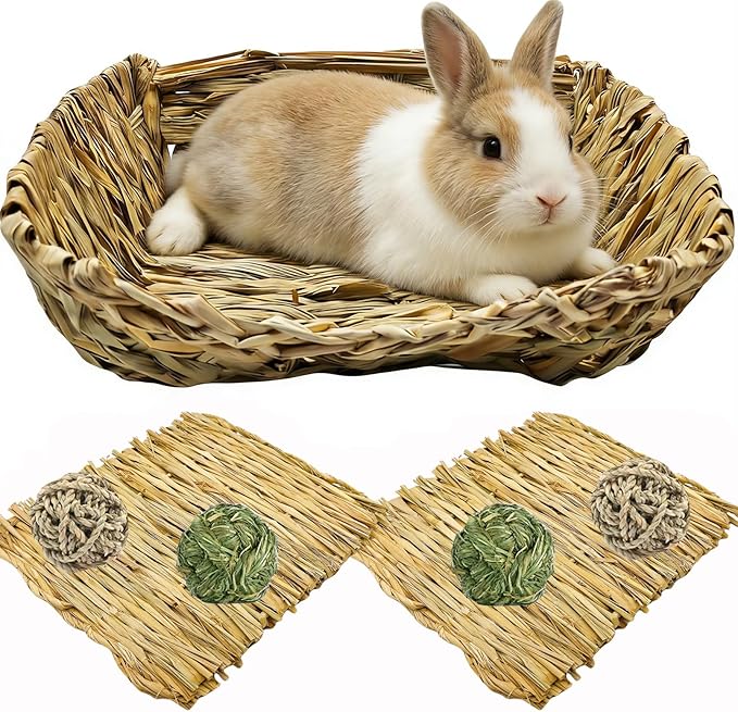 Hamiledyi Ex-Large Rabbit Grass Bed Natural Handmade Hay Mat Chew Balls for Drawf Rabbit Bunny Chinchilla Guinea Pig Ferret Hedgehog Rat
