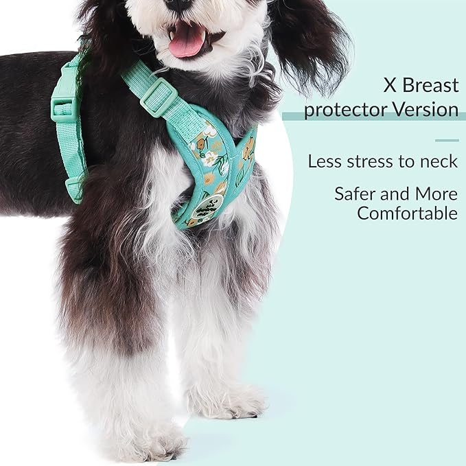 Patas Lague Dog Harness with Leash Set Adjustable Soft Padded Step-in Dog Vest No Choke No Pull Reflective for Medium Pets with Poop Bags and Dispenser, Solid and No-chew, Floral Green L