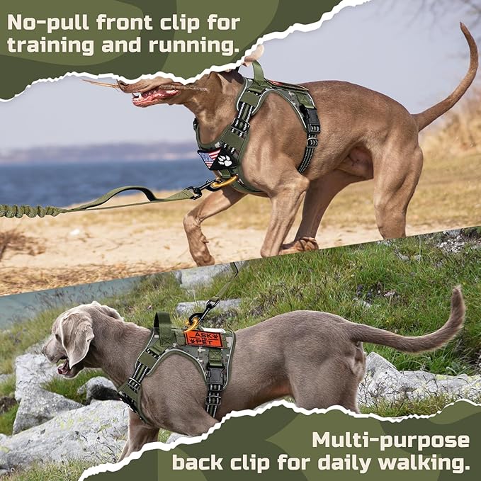 rabbitgoo Tactical Dog Harness for Large Dogs, No Pull Military Service Vest with Handle & Molle, Easy Control for Training Walking, Adjustable Reflective Straps, Green camo, L