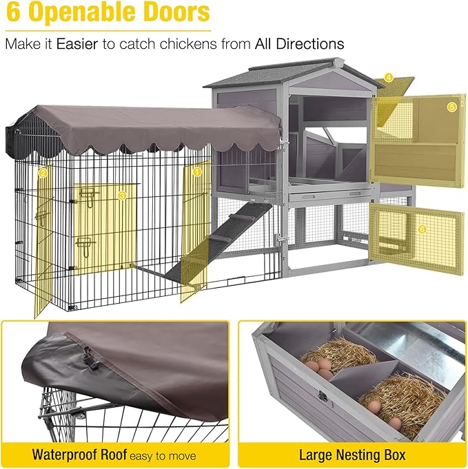 80.5’’ Outdoor Chicken Coop, Mobile Chicken Tractor with Wheels, Large Poultry Hen Cage with Nesting Box, Waterproof Roof and Sliding Out Tray, Wooden Chicken House for 2-4 Chickens