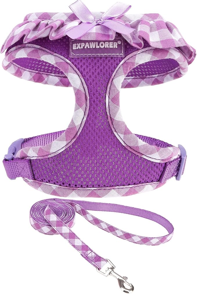 EXPAWLORER Cute Dog Harness and Leash Set - Purple Girl Dog Harness Checkered Step-in Design, Easy Adjustable No-Choke Lightweight Breathable Vest for Puppy Small Dogs Cats Outdoor Walking, X-Small