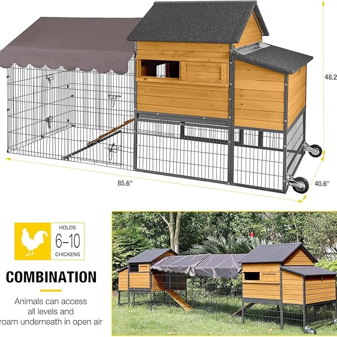 Chicken Coop All-Iron Frame Large Hen House Mobile Poultry Cage with Nesting Box,Metal Run,Waterproof Rain Cover Duck Coop, 85"