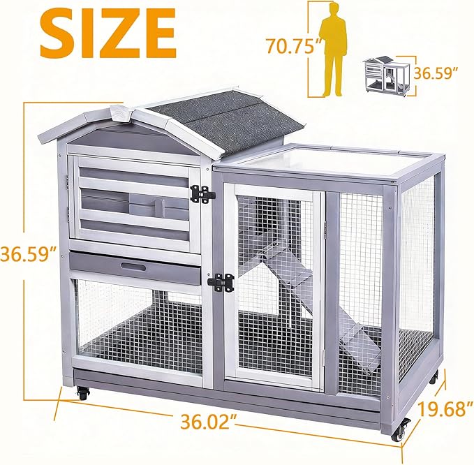 GEGURI Rabbit Hutch Indoor Rabbit Cage Outdoor, Wooden Bunny Cages for Guinea Pig with Wheels, Removable Tray, Ramp