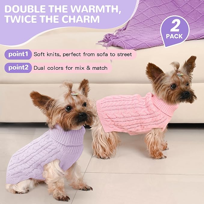 2 Pack Dog Sweaters for Small Dogs Winter Turtleneck Pullover Cable Knit Fleece Stretch Puppy Doggie Chihuahua Toy Poodle Yorkie Pomeranian Boy Girl Pet Clothes (XS, Pink & Purple)