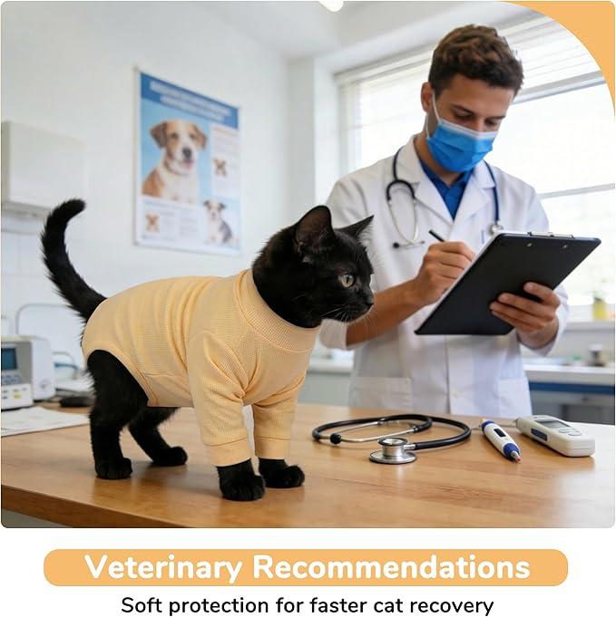 PUMYPOREITY Adjustable Cat Recovery Shirt, Front Leg Injury Suit, Stretchable & Comfortable, Anti-Licking Long Sleeve Wound Cover, Prevents Scratching & Biting, Machine Washable, Orange, S