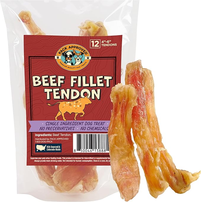 Beef Tendons for Dogs - Single Ingredient Dog Treats & Chews for Small Dogs and Medium Breeds - Dog Chew Sticks - 4-6" (12ct)