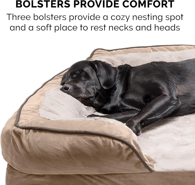 Furhaven Memory Foam Dog Bed for Large Dogs w/ Removable Bolsters & Washable Cover, For Dogs Up to 95 lbs - Plush & Velvet Waves Perfect Comfort Sofa - Brownstone, Jumbo/XL