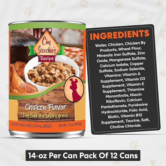 Scoochie Pet Products Chef Scoochie's Chicken Dog Food in Rich Gravy Natural Wet Food - Easy Open Pop-Top Cans for Grown Dogs - Complete Meal or Food Topper 12 Cans (14 oz e.)