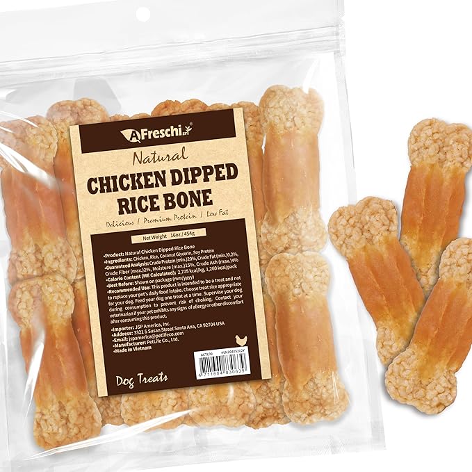 A Freschi srl Chicken Dog Treats, All Natural, Healthy & Easily Digestible, Low-Fat Puppy Chews, Human Grade Training & Rewards Dog Snacks, Rice Bone, 16 oz Pack