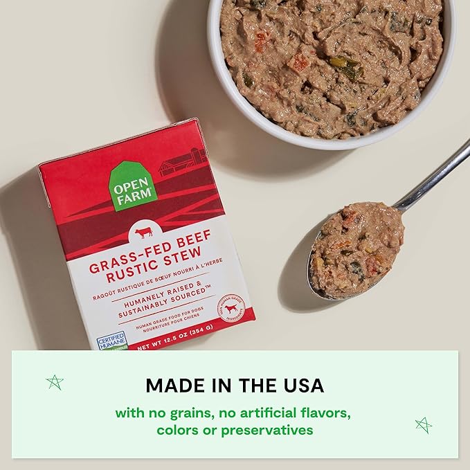 Open Farm Rustic Stews Wet Dog Food, Grain-Free, Complete & Balanced with Human-Grade Ingredients, Humanely-Raised Meat & Bone Broth, Grass-Fed Beef Recipe, 12.5oz Packs (Case of 12)