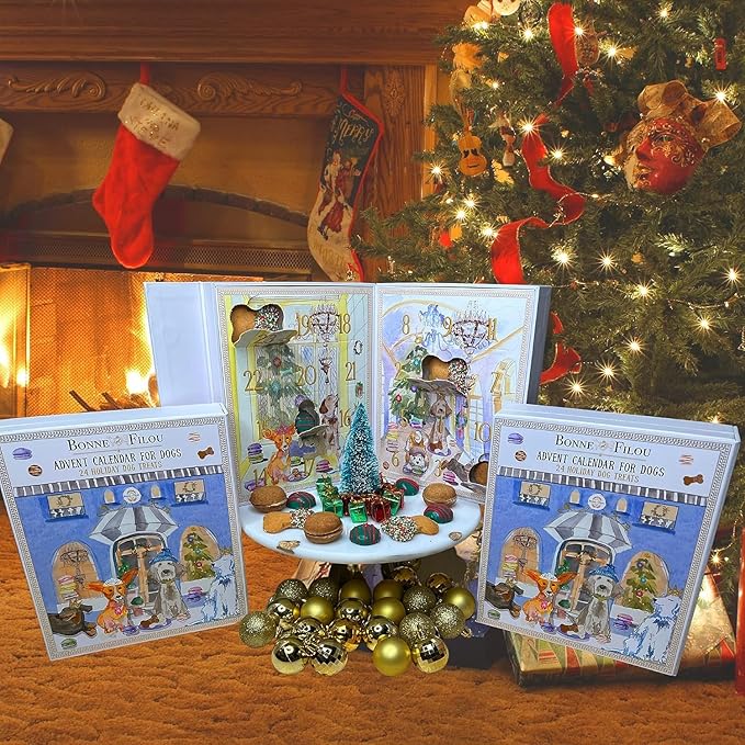 Bonne et Filou 2025 Dog Treats Advent Calendar - 24 Hand Designed Luxury Macarons, Truffles & Bone Cookies Box, Christmas Box for Dogs, Advent Treats for All Breeds (24 Count)