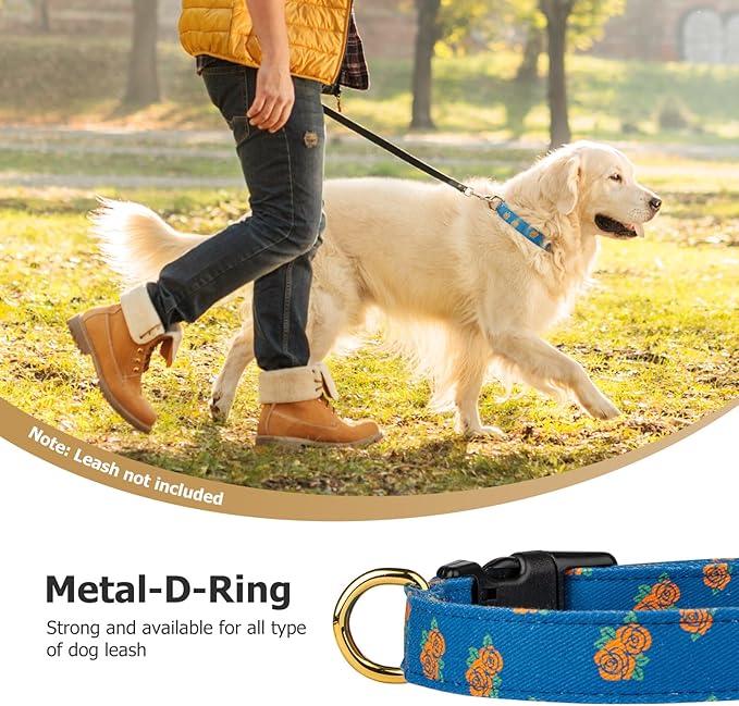 Cotton Handmade Dog Collar Cute and Distinctive Patterns Blue Rose with Pendant for Girl Boy Dogs Collars L