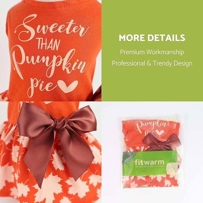 Fitwarm Thanksgiving Sweeter Than Pumpkin Pie Dog Dress 100% Cotton Puppy Costumes Pet Clothes Holiday Girl One-Piece Doggy Outfits Tank Top Vest Dresses Cat Apparel Orange Medium