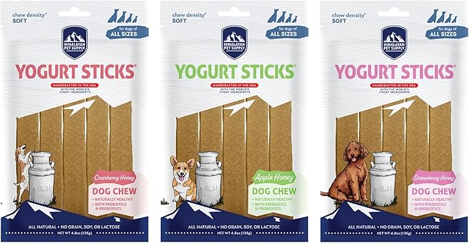 Himalayan Pet Supply Yogurt Sticks Dog Treats in 3 Flavors with Honey: 1 Strawberry, 1 Cranberry & 1 Apple Flavor (3 Bags Total, 5 Sticks/Bag, 4.8 Oz Bags) Plus Shaynanigans Lid