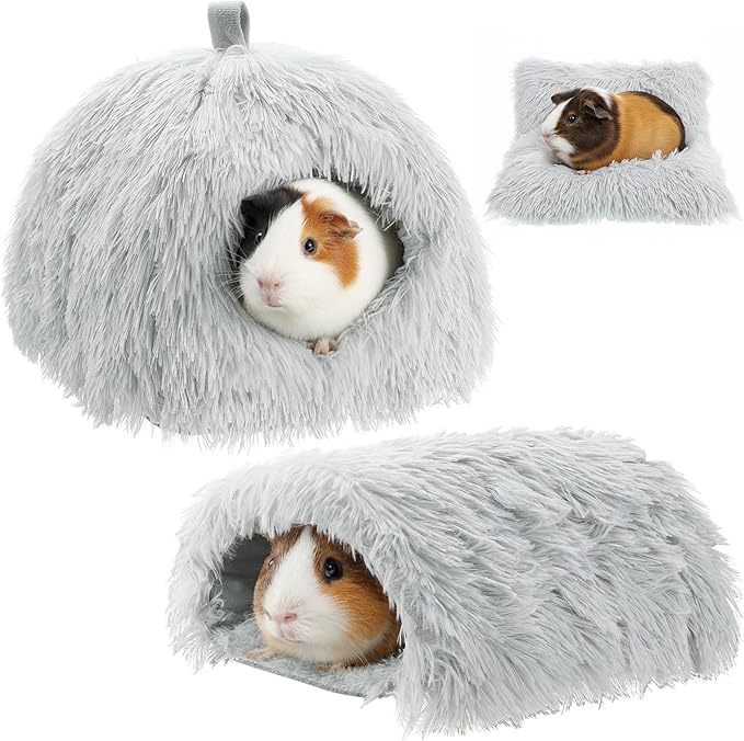 2 Pack Guinea Pig Hideout Bed with Tunnel, Large Soft Plush Cozy House, Washable Hideaway for Guinea Pigs and Small Animals(Style 1)