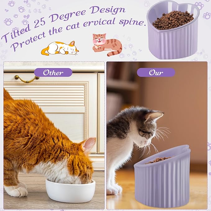 Mumufy 2 Pcs Ceramic Elevated Cat Bowls Tilted Elevated Raised Pet Bowls Anti Vomit Cat Dish for Indoor Stress Free Water Dish Feeder for Puppies, Heart Shaped (Purple)