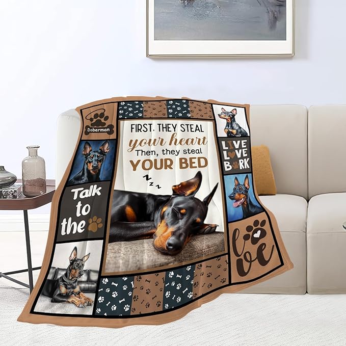 Doberman Gifts Blanket, Dog Throw Blankets, Doberman Gift for Women Boys Girls Men Lover Adult Cozy Fleece Flannel Bedding Stuff Animal Plush for Couch Sofa Bed Decor 50"X40"